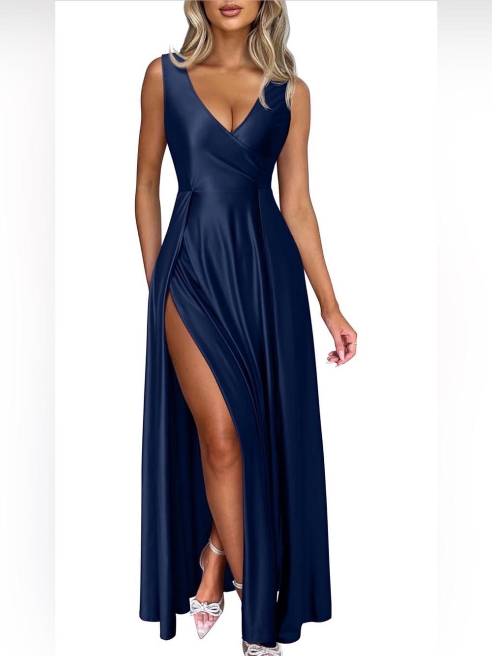 Women's Sexy Satin V Neck Sleeveless High Split maxi dress